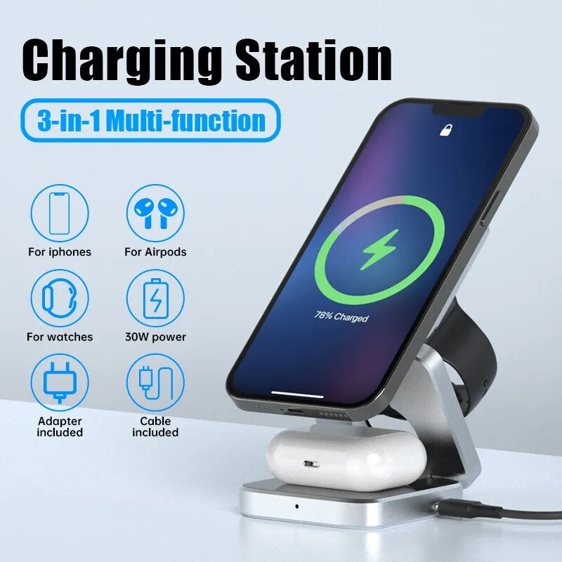 "Ultimate 3-In-1 Magnetic Wireless Charger Stand for Iphone 15/14/13 Pro/Max/Plus and Airpods 3/2 - Fast Charging Dock and Stylish Holder!"